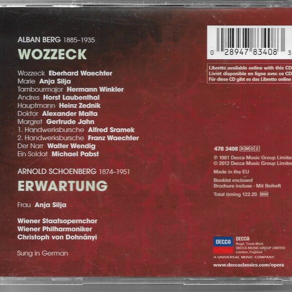 Decca Opera Company Berg/Wozzeck & Schoenberg/Erwartung 2-CD Set Sung in German - Picture 2 of 2